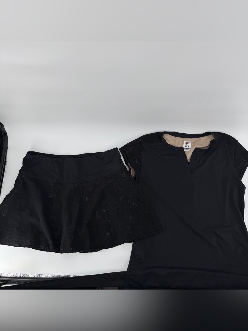 Fila Black Tennis Skort & Top Matching Set Size M Built-in Shorts Athletic Mesh